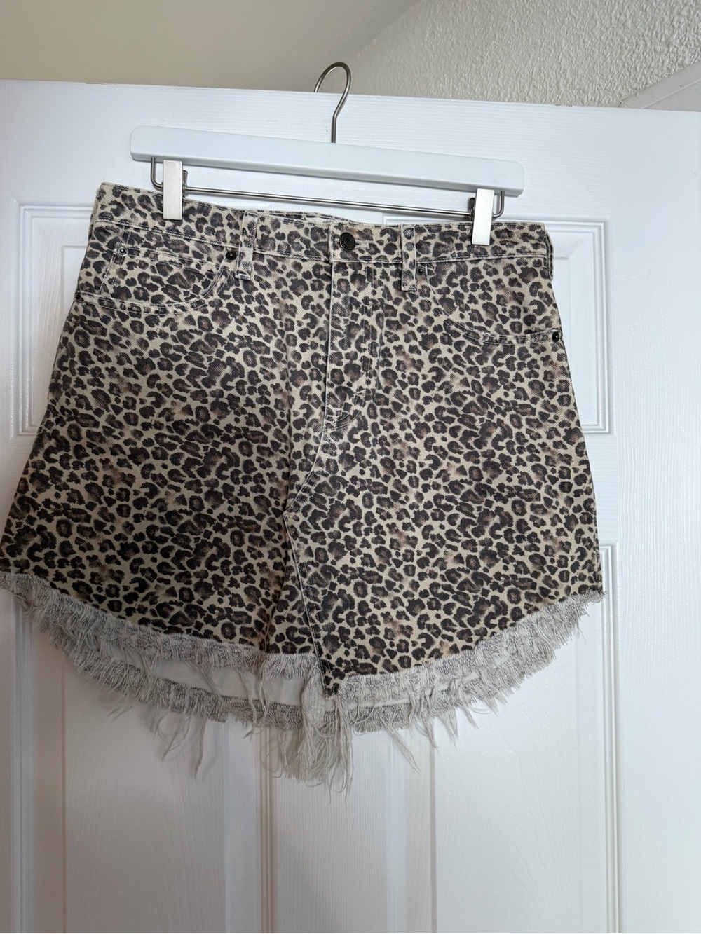 We The Free Leopard Print High-Rise Frayed Hem Jean Shorts - Beige/Black